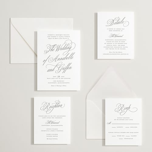 This is a soft black letterpress wedding invitations with letterpress by Susan Zinader called romantic script printing on white cotton in standard
