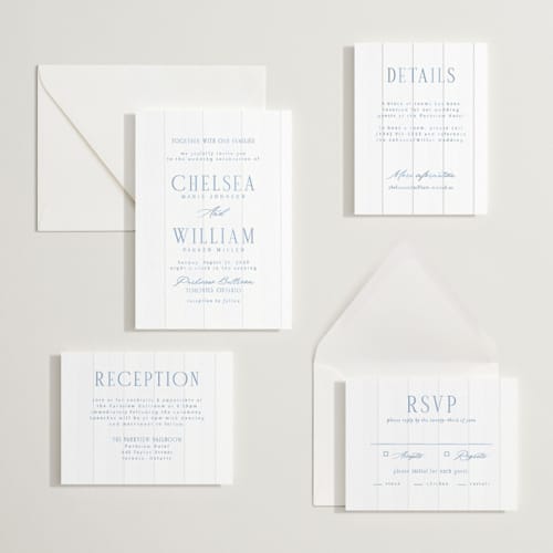 This is a pacific blue letterpress wedding invitations with letterpress by Nicole Walsh called subtle stripes printing on white cotton in standard