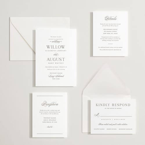 This is a cacao bean letterpress wedding invitations with letterpress by Snow and Ivy called willow printing on white cotton in standard