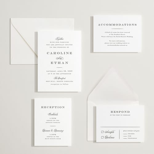 This is a soft black letterpress wedding invitations with letterpress by Carolyn MacLaren called proper printing on white cotton in standard