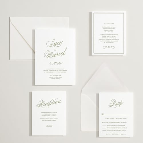 This is a olive letterpress wedding invitations with letterpress by Ani Somi called love in the afternoon printing on white cotton in standard