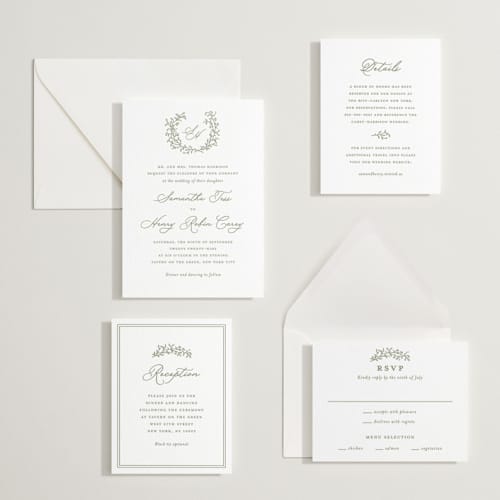 This is a artichoke letterpress wedding invitations with letterpress by Katherine Moynagh called garden script printing on white cotton in standard