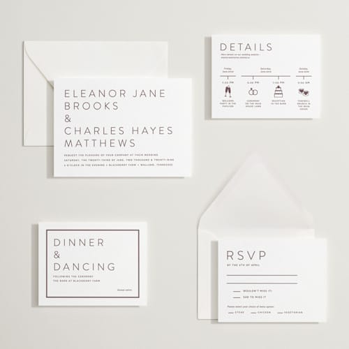 This is a clove letterpress wedding invitations with letterpress by Alston Foster called kismet printing on white cotton in standard