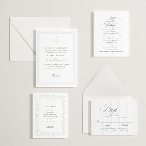 This is a smoke letterpress wedding invitations with letterpress by Creo Study called heirloom printing on white cotton in standard