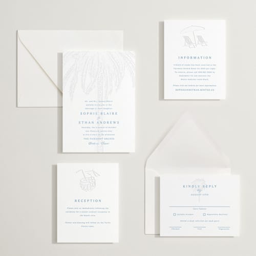 This is a marine blue letterpress wedding invitations with letterpress by Kaydi Bishop called palm tree printing on white cotton in standard