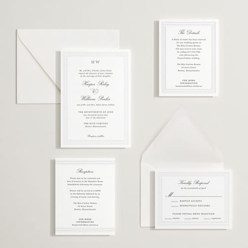 This is a soft black letterpress wedding invitations with letterpress by Jenna Holcomb called the ritz printing on white cotton in standard
