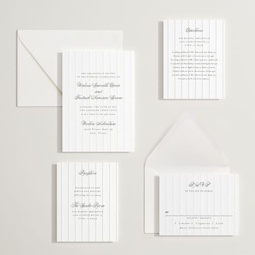 This is a soft black letterpress wedding invitations with letterpress by Baumbirdy called striped printing on white cotton in standard