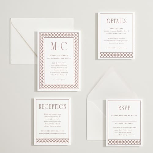 This is a cinnamon letterpress wedding invitations with letterpress by Angela Garrick called parker printing on white cotton in standard