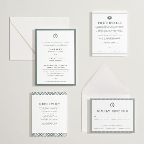 This is a slate letterpress wedding invitations with letterpress by Jenna Holcomb called the ranch printing on white cotton in standard