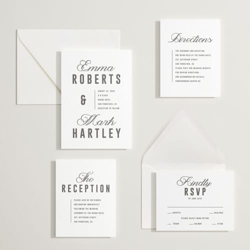 This is a soft black letterpress wedding invitations with letterpress by Sumak Studio called bold & elegant printing on white cotton in standard