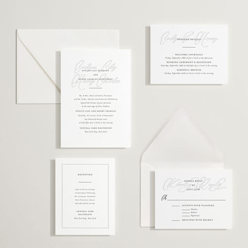 This is a soft black | blind deboss letterpress wedding invitations with letterpress by Meggy Masters called bespoke printing on white cotton in standard