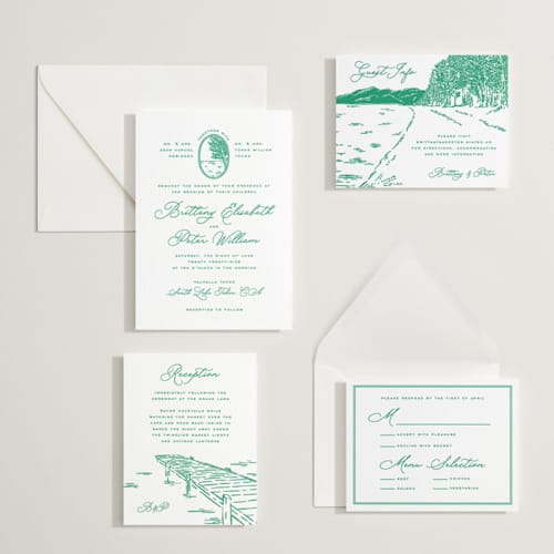 This is a racing green letterpress wedding invitations with letterpress by Claudia Orengo called lakeview printing on white cotton in standard