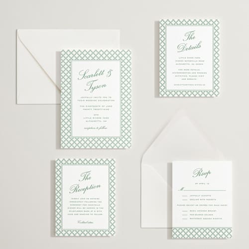 This is a fern letterpress wedding invitations with letterpress by Angela Garrick called garden trellis printing on white cotton in standard