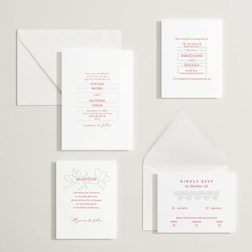 This is a ruby letterpress wedding invitations with letterpress by Deborah Chou called simply happy printing on white cotton in standard
