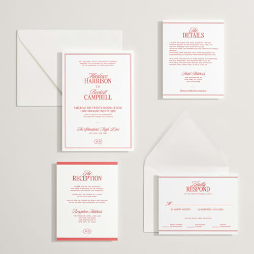 This is a ruby letterpress wedding invitations with letterpress by Jenna Holcomb called vermilion printing on white cotton in standard
