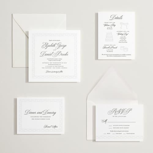 This is a soft black | blind deboss letterpress wedding invitations with letterpress by Alston Foster called infinite printing on white cotton in standard