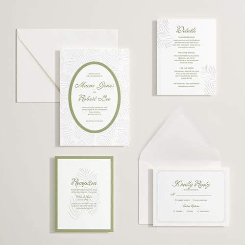This is a olive letterpress wedding invitations with letterpress by Julia Liverton called palm shade printing on white cotton in standard