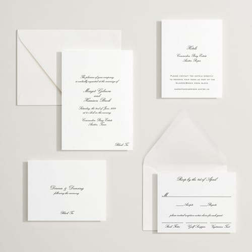 This is a soft black letterpress wedding invitations with letterpress by Megan Davis called cornelia printing on white cotton in standard
