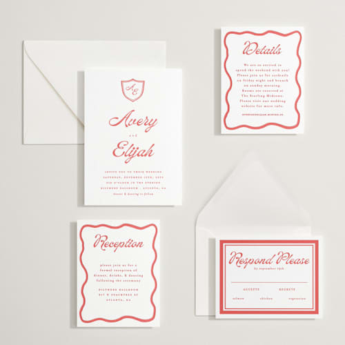 This is a ruby letterpress wedding invitations with letterpress by Morgan Kendall called prep school printing on white cotton in standard