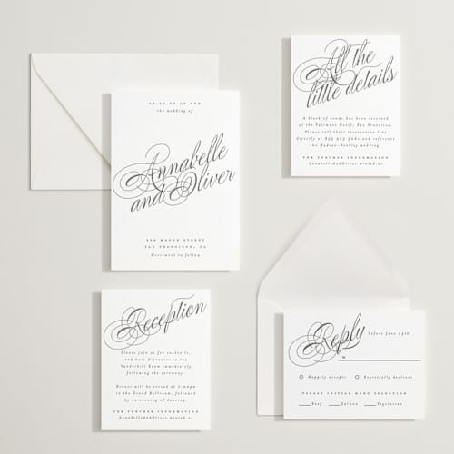This is a soft black letterpress wedding invitations with letterpress by Hudson meet Rose called forever printing on white cotton in standard