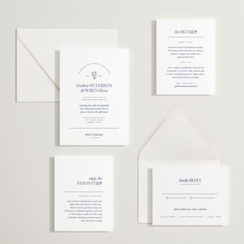 This is a lapis letterpress wedding invitations with letterpress by Bramble Studio called bluebell dinner printing on white cotton in standard