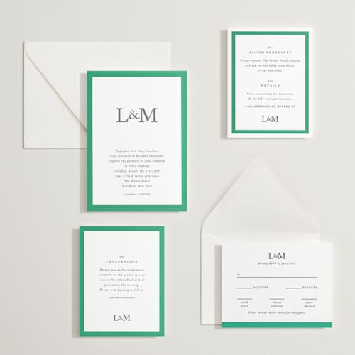 This is a soft black letterpress wedding invitations with letterpress by mo kelley called classic initials printing on white cotton in standard