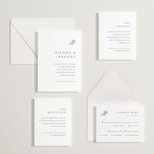 This is a soft black letterpress wedding invitations with letterpress by Pixel and Hank called floral cascade printing on white cotton in standard