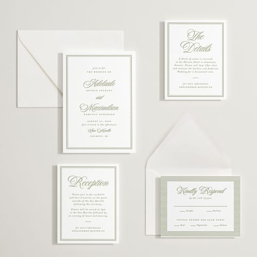 This is a olive letterpress wedding invitations with letterpress by Ellen Schlegelmilch called museo printing on white cotton in standard