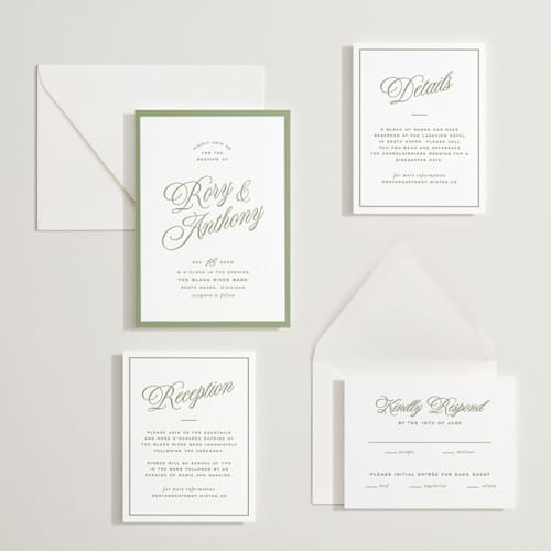 This is a olive letterpress wedding invitations with letterpress by Ellen Schlegelmilch called rory printing on white cotton in standard