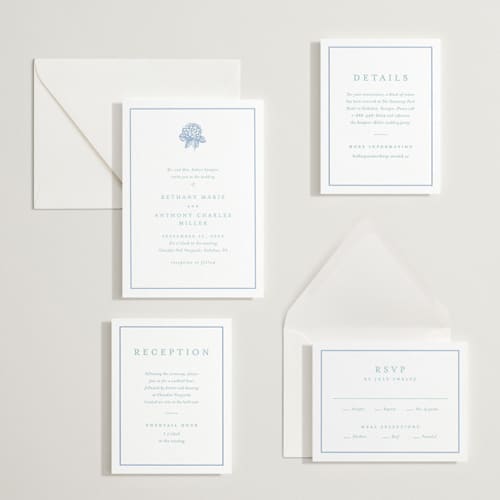 This is a robin's egg | pacific blue letterpress wedding invitations with letterpress by Stacey Meacham called hydrangea bloom printing on white cotton in standard