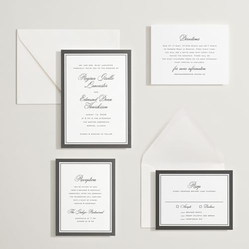 This is a soft black letterpress wedding invitations with letterpress by chocomocacino called krytharaki printing on white cotton in standard