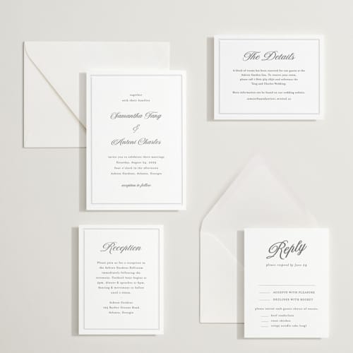 This is a soft black letterpress wedding invitations with letterpress by Nicole Walsh called tux printing on white cotton in standard