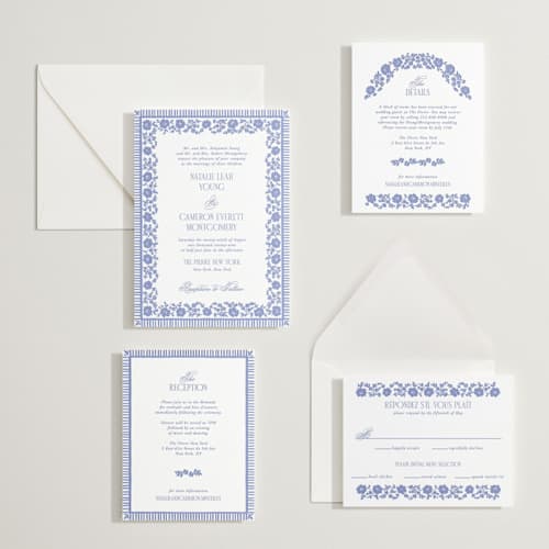 This is a bluebell letterpress wedding invitations with letterpress by Jenna Holcomb called embroidered printing on white cotton in standard