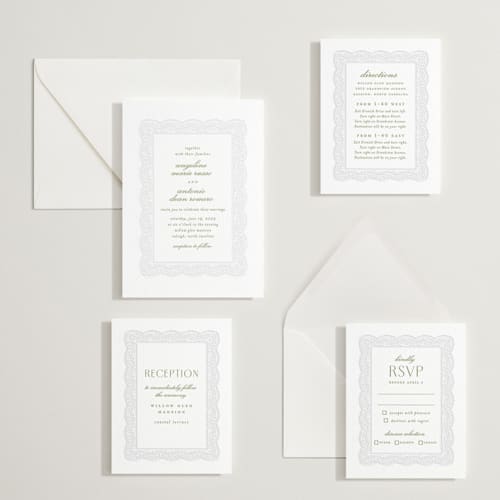 This is a pistachio letterpress wedding invitations with letterpress by Erica Krystek called chantilly printing on white cotton in standard