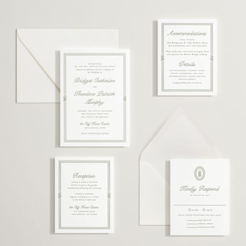 This is a artichoke letterpress wedding invitations with letterpress by Kate Ahn called court printing on white cotton in standard