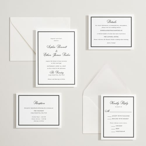 This is a soft black letterpress wedding invitations with letterpress by Cass Loh called chic union printing on white cotton in standard