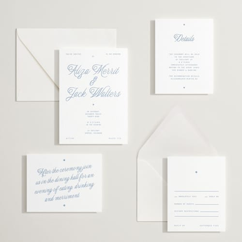 This is a pacific blue letterpress wedding invitations with letterpress by Blustery August called cheers printing on white cotton in standard