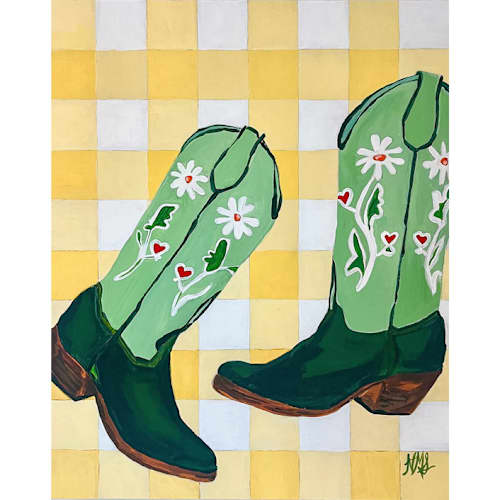 This is a multicolorassorted-colors original paintings by Nicole Simms called daisy boots in standard