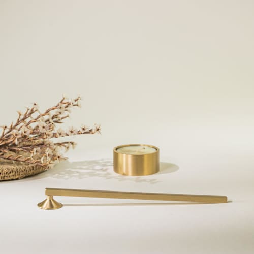 This is a brass candles and candle holders by Roarcraft called brass tealight holder with candle snuffer - set of 2 in standard