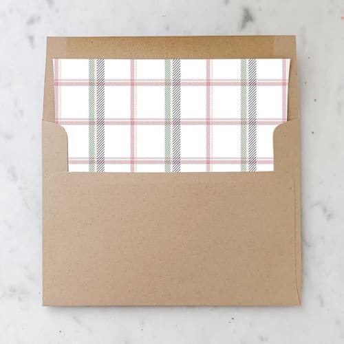 This is a white wedding envelopes by Design by Laney called white christmas plaid envelope liners for a7 square flap envelopes (set of 10) in standard