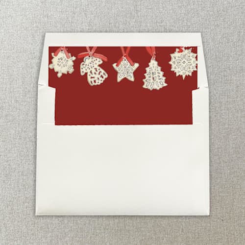 This is a red wedding envelopes by Cotton and Bow called red christmas ornaments square envelope liner | set of 10 in standard