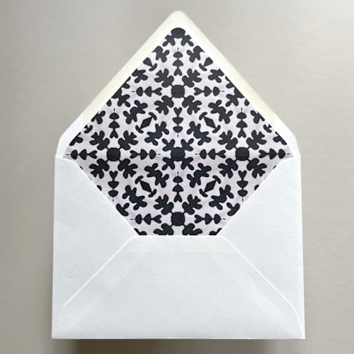 This is a black wedding envelopes by Renée Stramel called a7 euro flap envelope liners | isabella| in black & cream | pack of 10 in standard