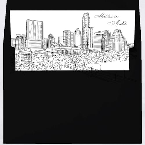 This is a white wedding envelopes by Kimee Meyer called austin skyline envelope liner with custom text/saying | set of 10 | for 5x7 minted square flap envelope in standard