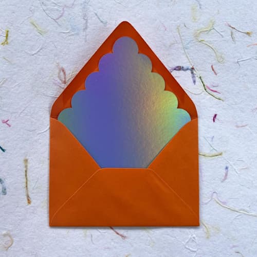 This is a multicolorassorted-colors wedding envelopes by Eva Tadros called scalloped a7 euroflap envelope liner - holographic in standard