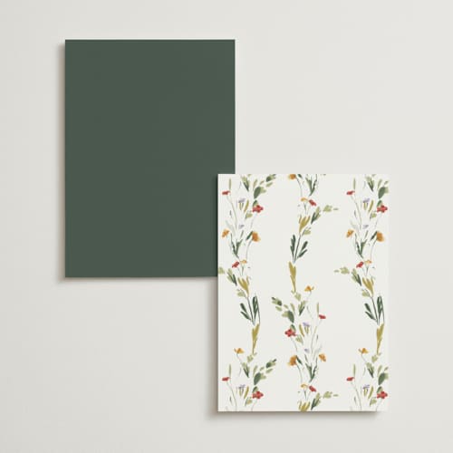 This is a garden green menu cards with foil pressed by Lucrecia Caporale called coastal bloom printing on signature in 5x7