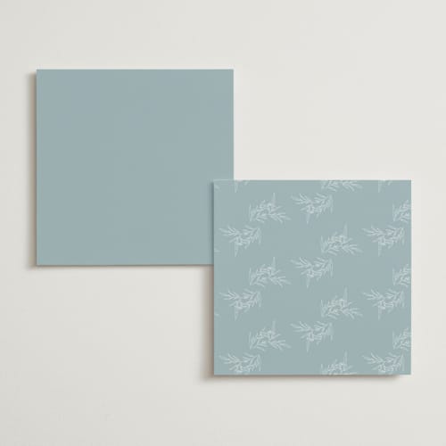 This is a powder blue menu cards with foil pressed by Jennifer Postorino called polished printing on signature in 5x5