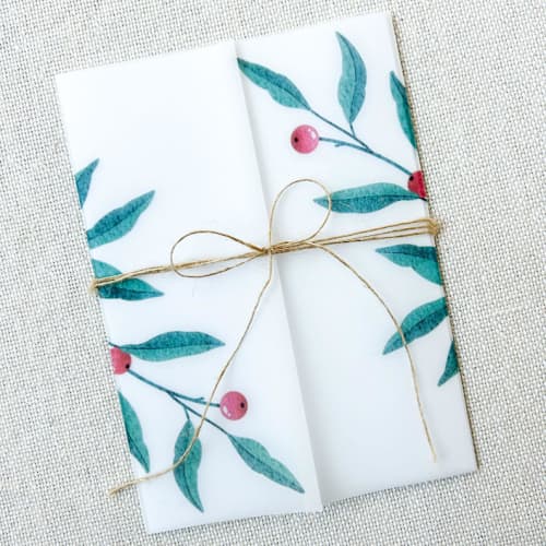 This is a green vellum wedding invitations by Megan Tendler called red berries vellum jackets | set of 10 in standard