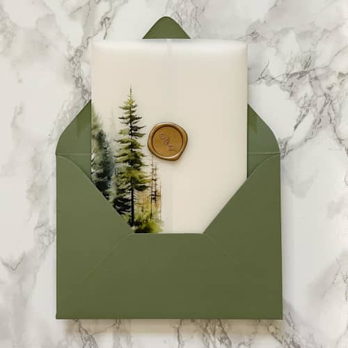 This is a clear vellum wedding invitations by Carley Zuercher called forest vellum jacket (10 pack) in standard