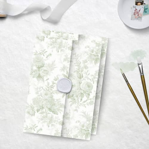 This is a green vellum wedding invitations by Caroline Russo called sage toile vellum jacket for 5 x 7 wedding invitations and cards in standard