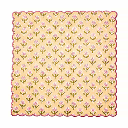 This is a yellow tableware by Inner Child called mona scallop embroidered blockprint napkins in butter yellow, set of 4 in standard